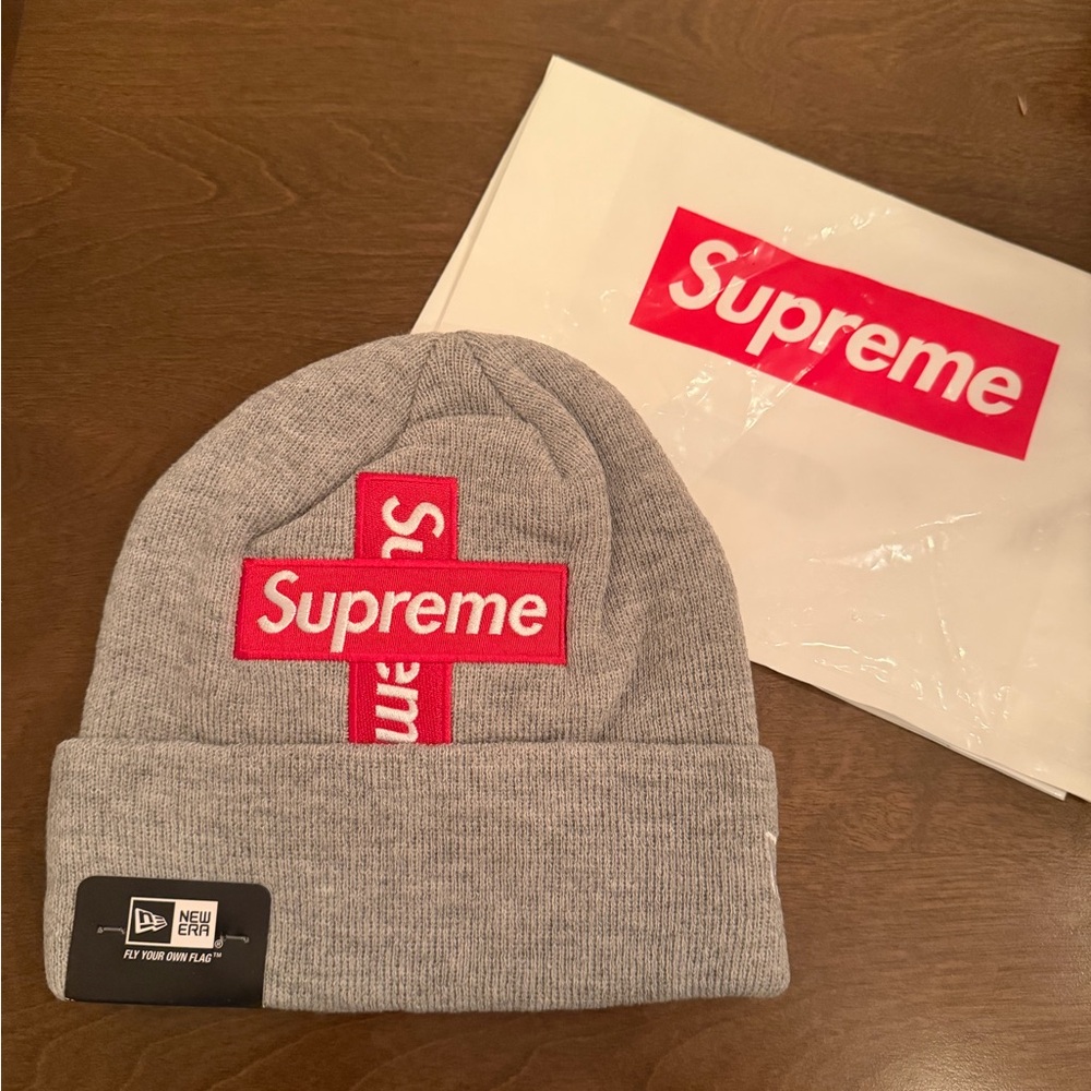 Supreme Red and Gray Logo Beanie